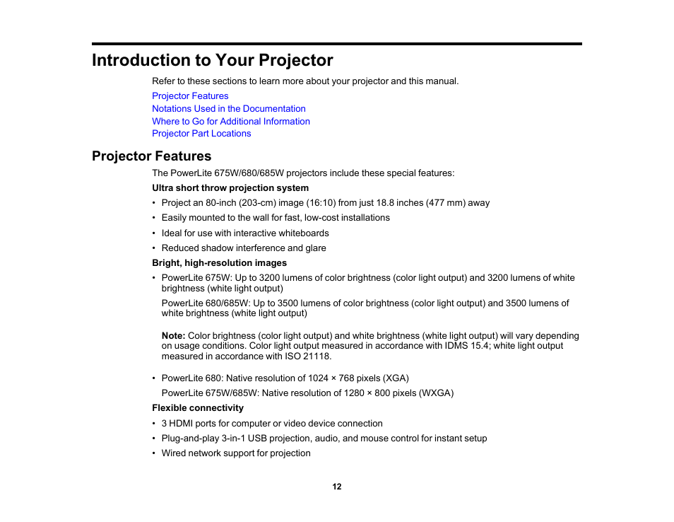 Introduction to your projector, Projector features | Epson PowerLite 685W 3500-Lumen WXGA Ultra-Short Throw 3LCD Projector User Manual | Page 12 / 263