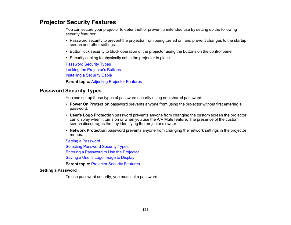 Projector security features, Password security types, Setting a password | Epson PowerLite 685W 3500-Lumen WXGA Ultra-Short Throw 3LCD Projector User Manual | Page 121 / 263