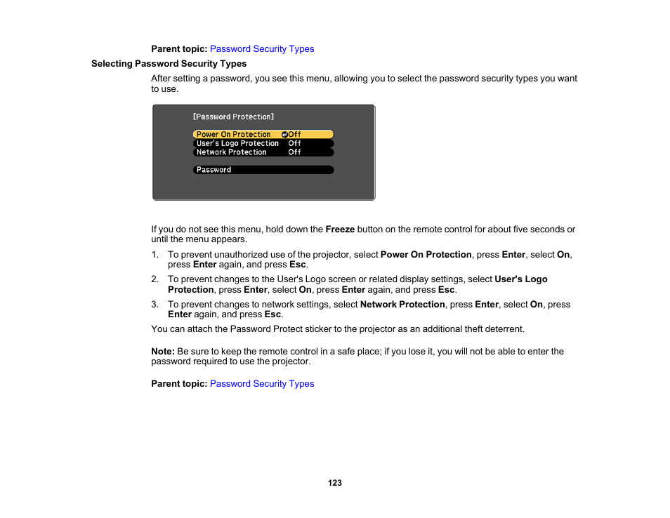 Selecting password security types | Epson PowerLite 685W 3500-Lumen WXGA Ultra-Short Throw 3LCD Projector User Manual | Page 123 / 263