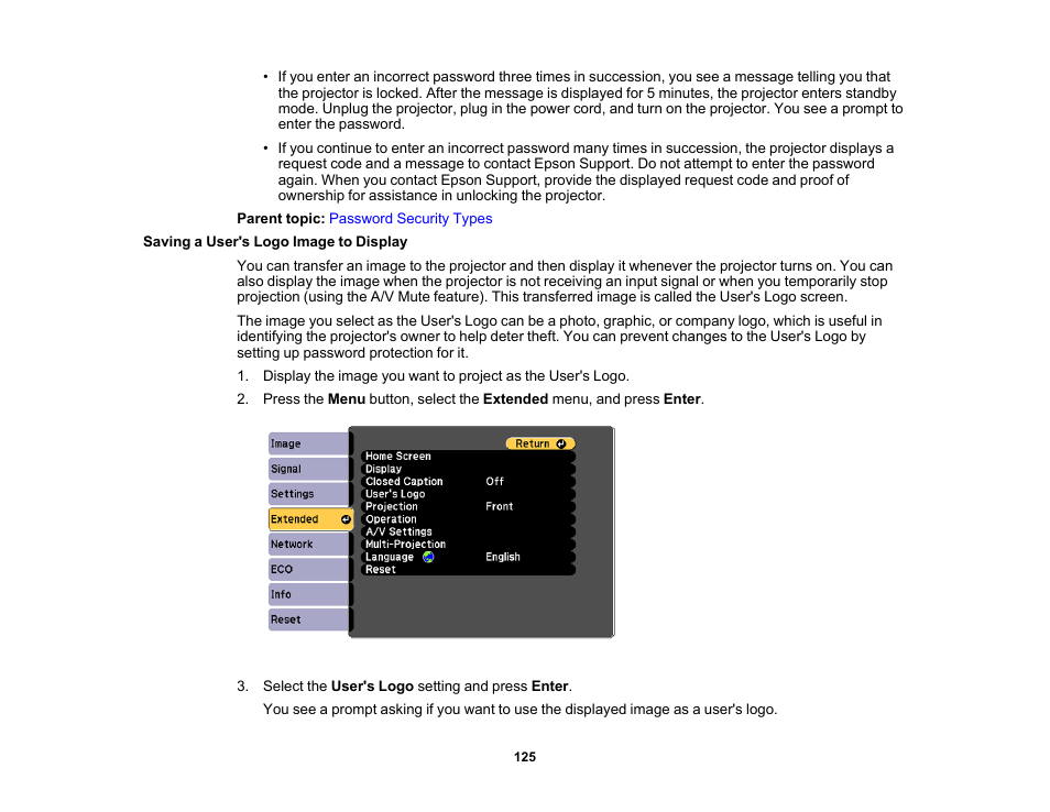 Saving a user's logo image to display | Epson PowerLite 685W 3500-Lumen WXGA Ultra-Short Throw 3LCD Projector User Manual | Page 125 / 263