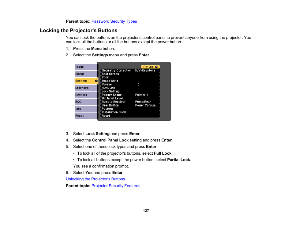 Locking the projector's buttons | Epson PowerLite 685W 3500-Lumen WXGA Ultra-Short Throw 3LCD Projector User Manual | Page 127 / 263