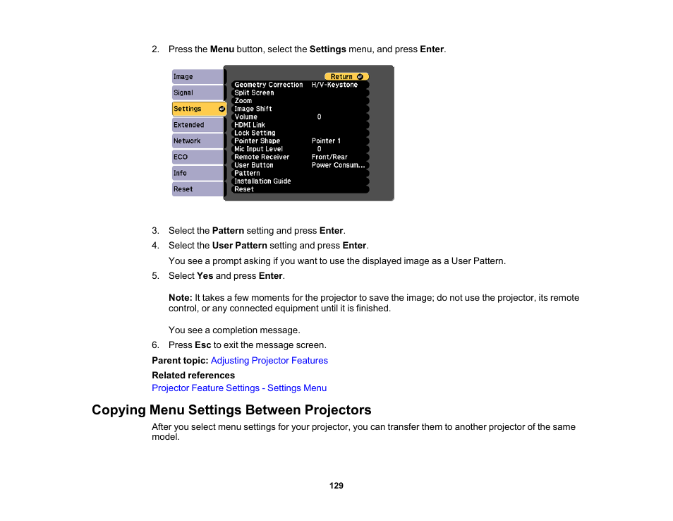 Copying menu settings between projectors | Epson PowerLite 685W 3500-Lumen WXGA Ultra-Short Throw 3LCD Projector User Manual | Page 129 / 263