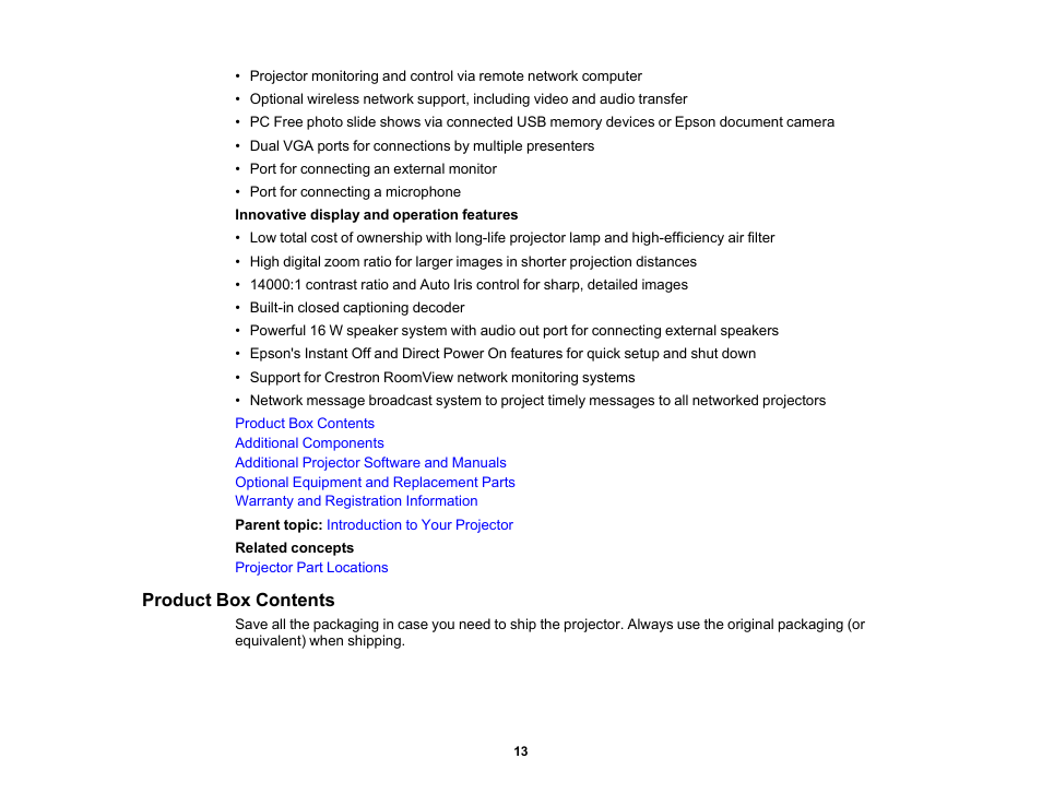 Product box contents | Epson PowerLite 685W 3500-Lumen WXGA Ultra-Short Throw 3LCD Projector User Manual | Page 13 / 263