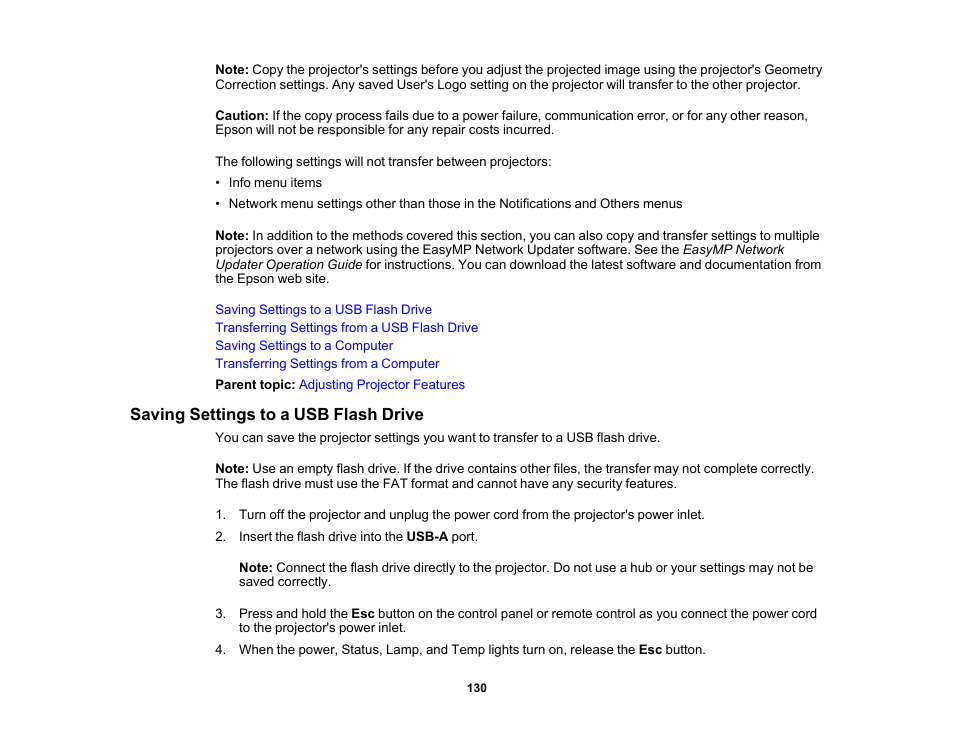 Saving settings to a usb flash drive | Epson PowerLite 685W 3500-Lumen WXGA Ultra-Short Throw 3LCD Projector User Manual | Page 130 / 263