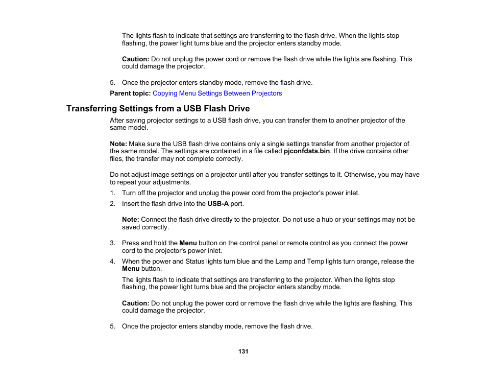 Transferring settings from a usb flash drive | Epson PowerLite 685W 3500-Lumen WXGA Ultra-Short Throw 3LCD Projector User Manual | Page 131 / 263