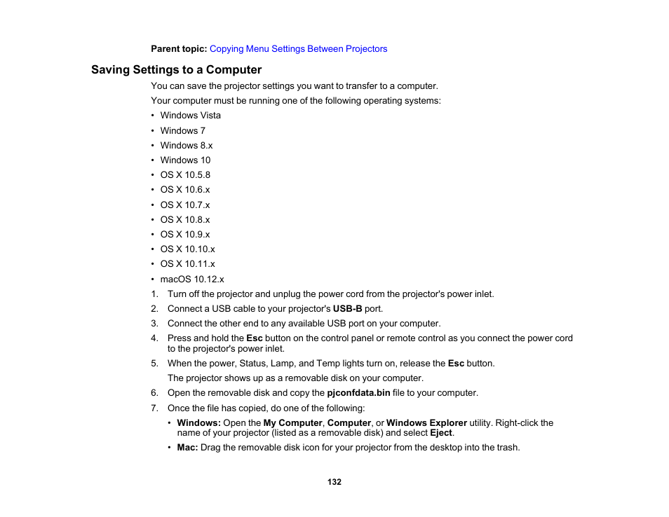 Saving settings to a computer | Epson PowerLite 685W 3500-Lumen WXGA Ultra-Short Throw 3LCD Projector User Manual | Page 132 / 263