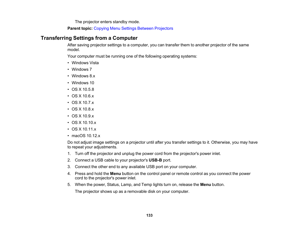 Transferring settings from a computer | Epson PowerLite 685W 3500-Lumen WXGA Ultra-Short Throw 3LCD Projector User Manual | Page 133 / 263