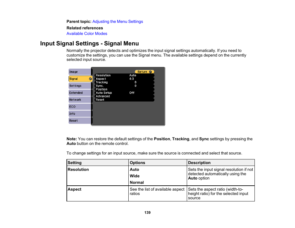 Input signal settings - signal menu | Epson PowerLite 685W 3500-Lumen WXGA Ultra-Short Throw 3LCD Projector User Manual | Page 139 / 263