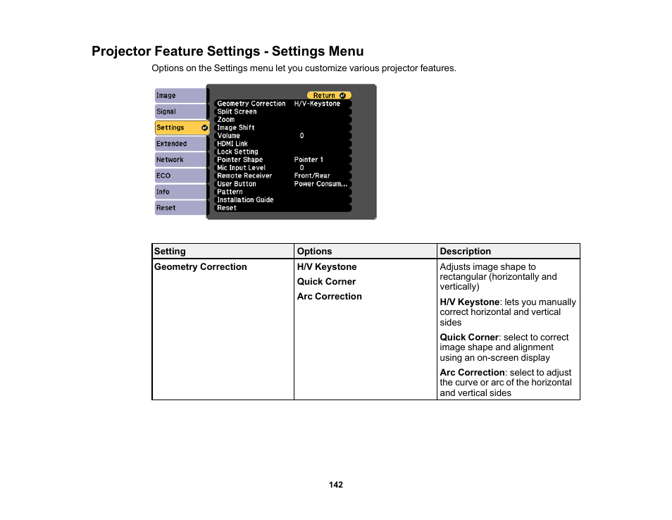 Projector feature settings - settings menu | Epson PowerLite 685W 3500-Lumen WXGA Ultra-Short Throw 3LCD Projector User Manual | Page 142 / 263