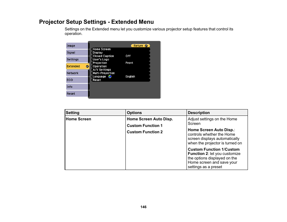 Projector setup settings - extended menu | Epson PowerLite 685W 3500-Lumen WXGA Ultra-Short Throw 3LCD Projector User Manual | Page 146 / 263