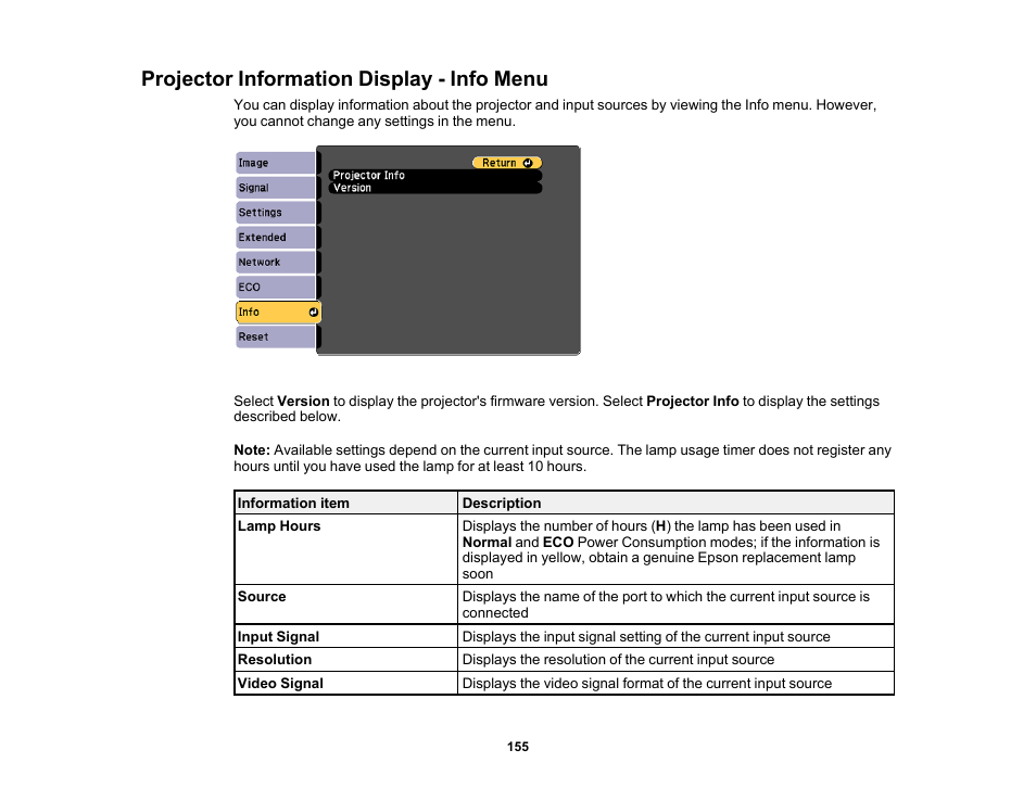 Projector information display - info menu | Epson PowerLite 685W 3500-Lumen WXGA Ultra-Short Throw 3LCD Projector User Manual | Page 155 / 263