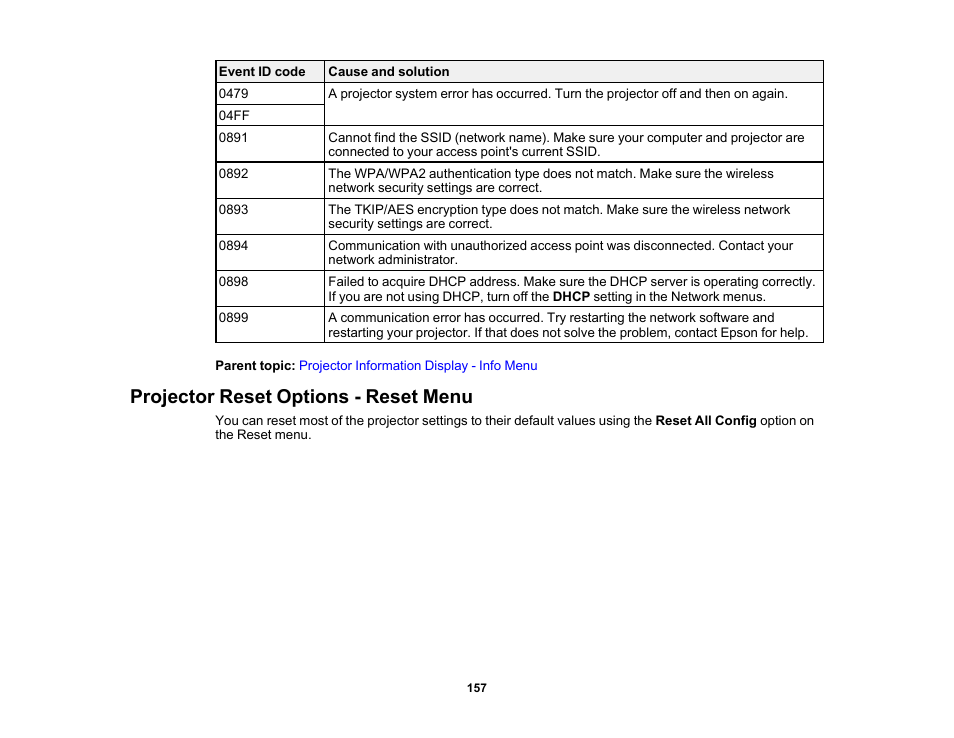 Projector reset options - reset menu | Epson PowerLite 685W 3500-Lumen WXGA Ultra-Short Throw 3LCD Projector User Manual | Page 157 / 263