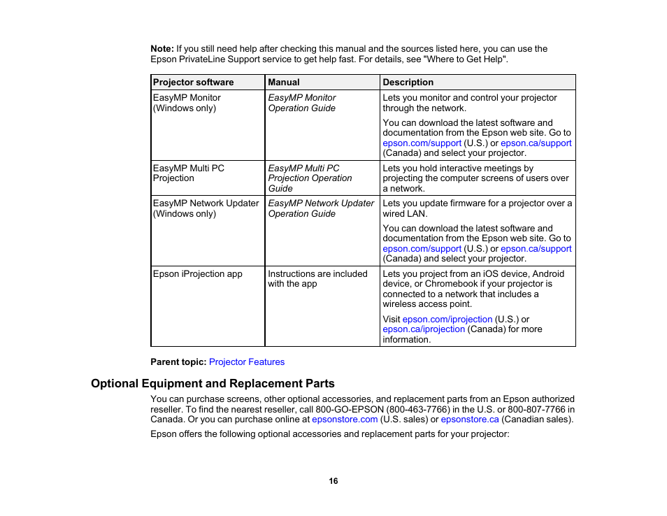 Optional equipment and replacement parts | Epson PowerLite 685W 3500-Lumen WXGA Ultra-Short Throw 3LCD Projector User Manual | Page 16 / 263