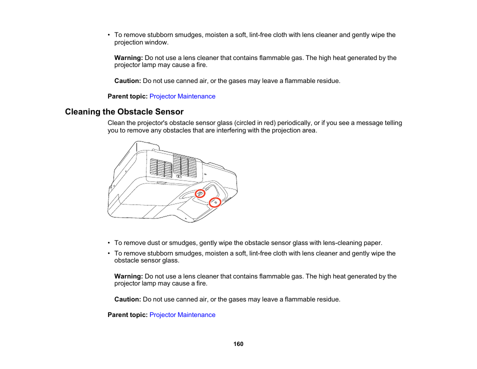 Cleaning the obstacle sensor | Epson PowerLite 685W 3500-Lumen WXGA Ultra-Short Throw 3LCD Projector User Manual | Page 160 / 263