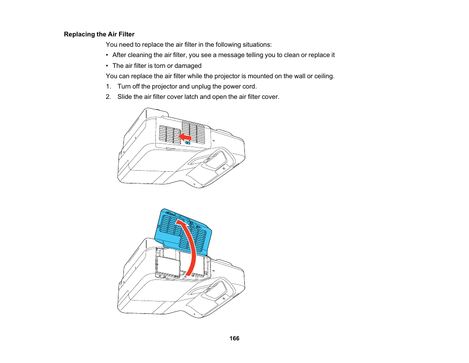 Replacing the air filter | Epson PowerLite 685W 3500-Lumen WXGA Ultra-Short Throw 3LCD Projector User Manual | Page 166 / 263