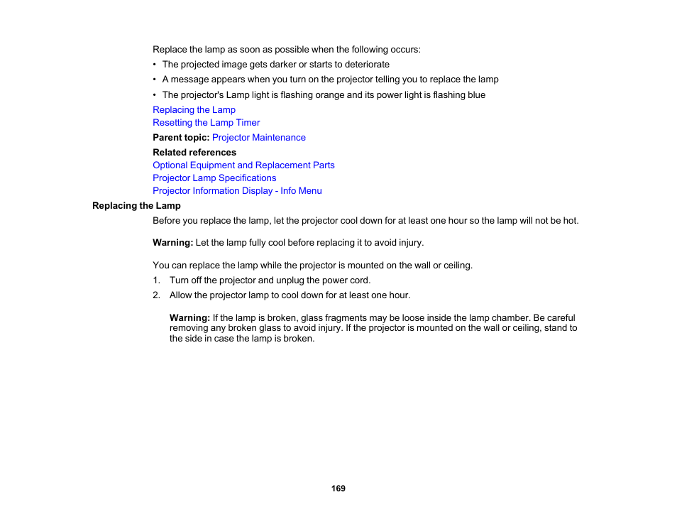 Replacing the lamp | Epson PowerLite 685W 3500-Lumen WXGA Ultra-Short Throw 3LCD Projector User Manual | Page 169 / 263