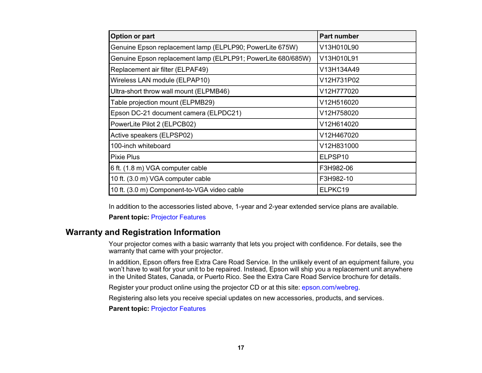 Warranty and registration information | Epson PowerLite 685W 3500-Lumen WXGA Ultra-Short Throw 3LCD Projector User Manual | Page 17 / 263