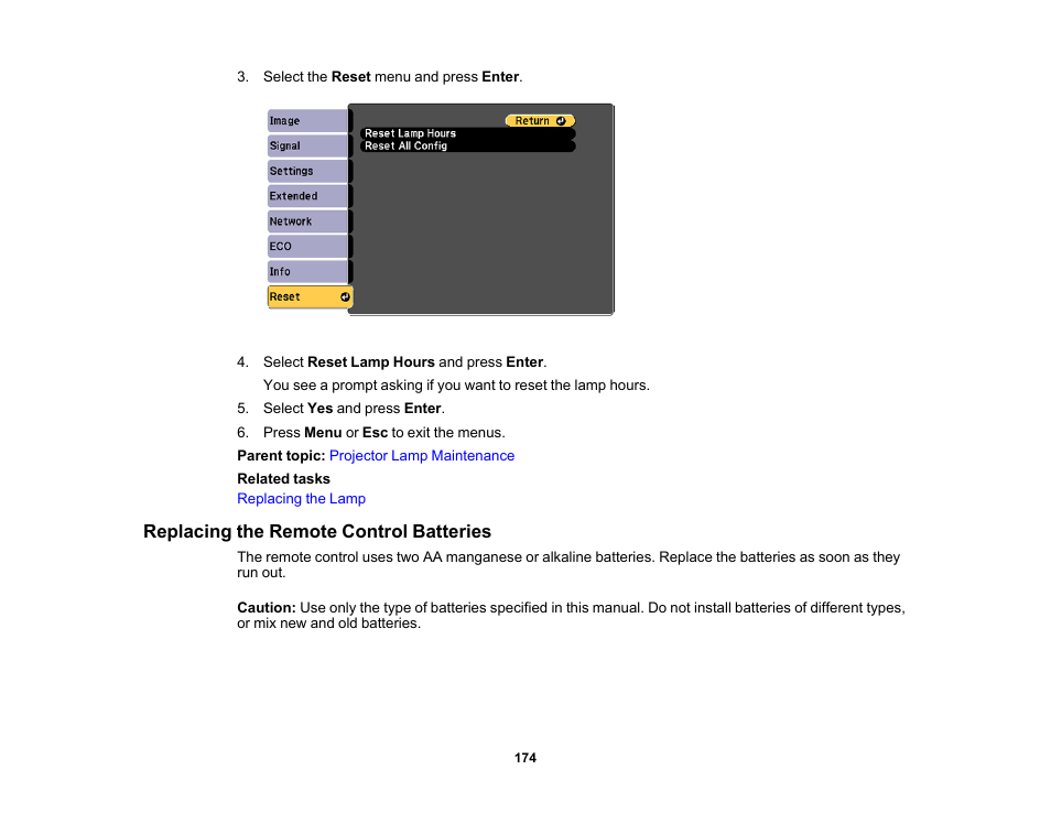 Replacing the remote control batteries | Epson PowerLite 685W 3500-Lumen WXGA Ultra-Short Throw 3LCD Projector User Manual | Page 174 / 263