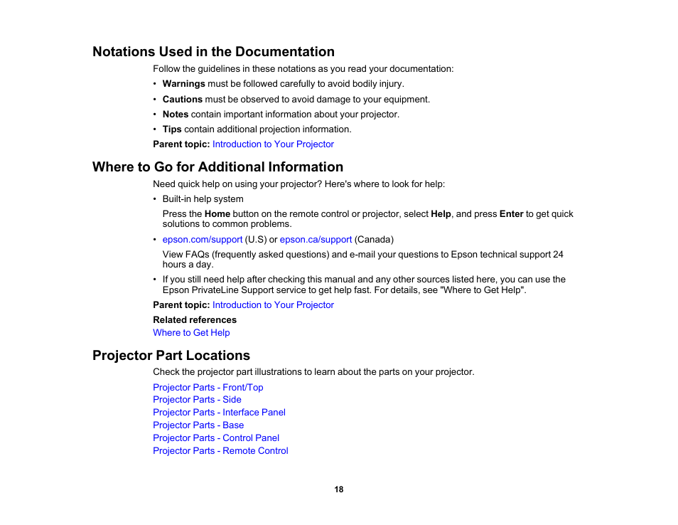 Notations used in the documentation, Where to go for additional information, Projector part locations | Epson PowerLite 685W 3500-Lumen WXGA Ultra-Short Throw 3LCD Projector User Manual | Page 18 / 263