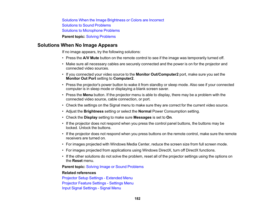 Solutions when no image appears | Epson PowerLite 685W 3500-Lumen WXGA Ultra-Short Throw 3LCD Projector User Manual | Page 182 / 263