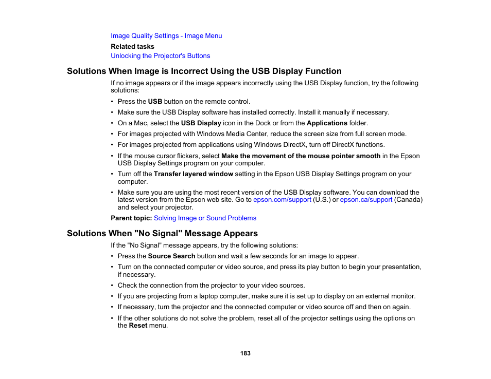 Solutions when "no signal" message appears | Epson PowerLite 685W 3500-Lumen WXGA Ultra-Short Throw 3LCD Projector User Manual | Page 183 / 263