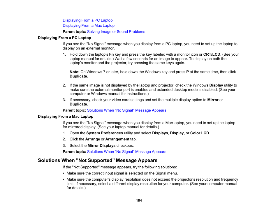 Displaying from a pc laptop, Displaying from a mac laptop, Solutions when "not supported" message appears | Epson PowerLite 685W 3500-Lumen WXGA Ultra-Short Throw 3LCD Projector User Manual | Page 184 / 263