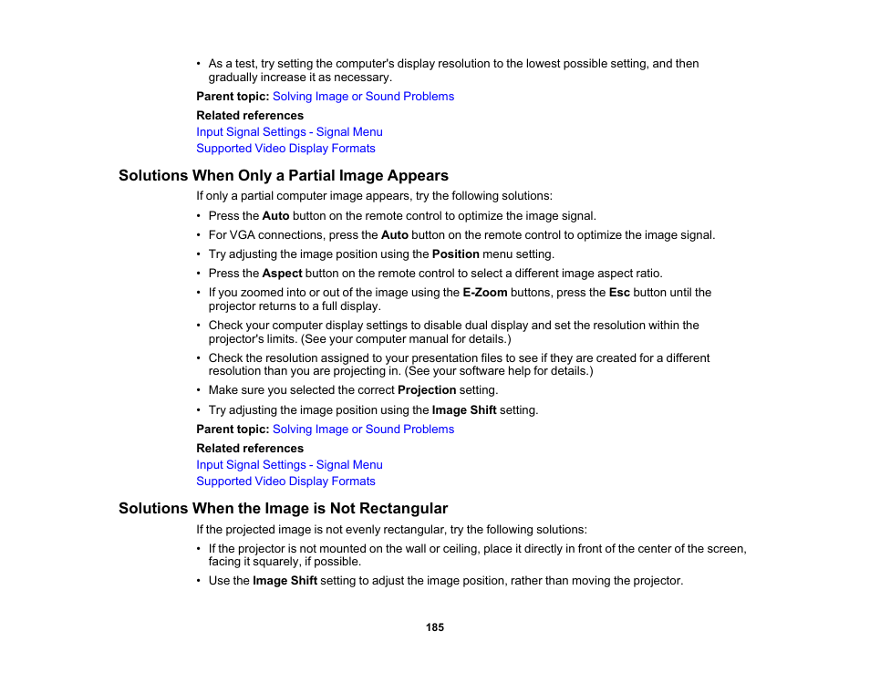 Solutions when only a partial image appears, Solutions when the image is not rectangular | Epson PowerLite 685W 3500-Lumen WXGA Ultra-Short Throw 3LCD Projector User Manual | Page 185 / 263