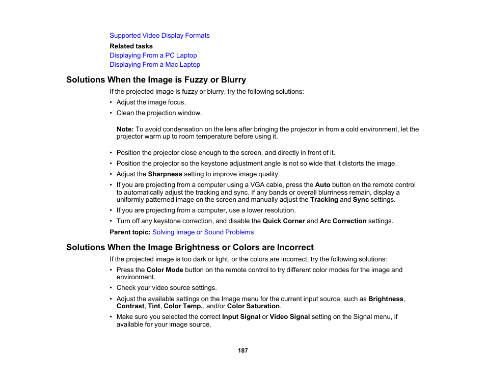 Solutions when the image is fuzzy or blurry | Epson PowerLite 685W 3500-Lumen WXGA Ultra-Short Throw 3LCD Projector User Manual | Page 187 / 263