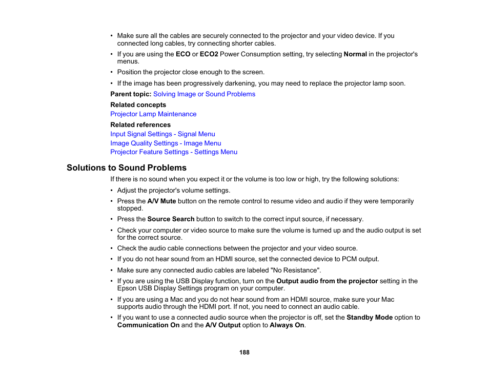 Solutions to sound problems | Epson PowerLite 685W 3500-Lumen WXGA Ultra-Short Throw 3LCD Projector User Manual | Page 188 / 263