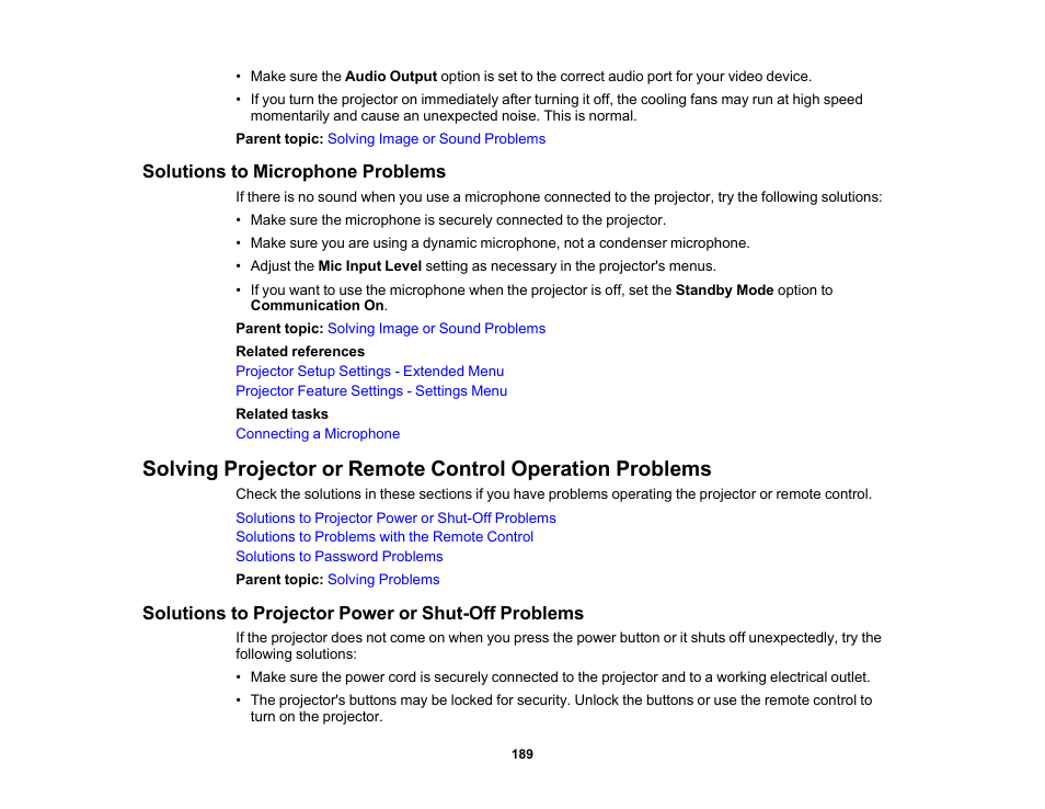 Solutions to microphone problems, Solutions to projector power or shut-off problems | Epson PowerLite 685W 3500-Lumen WXGA Ultra-Short Throw 3LCD Projector User Manual | Page 189 / 263