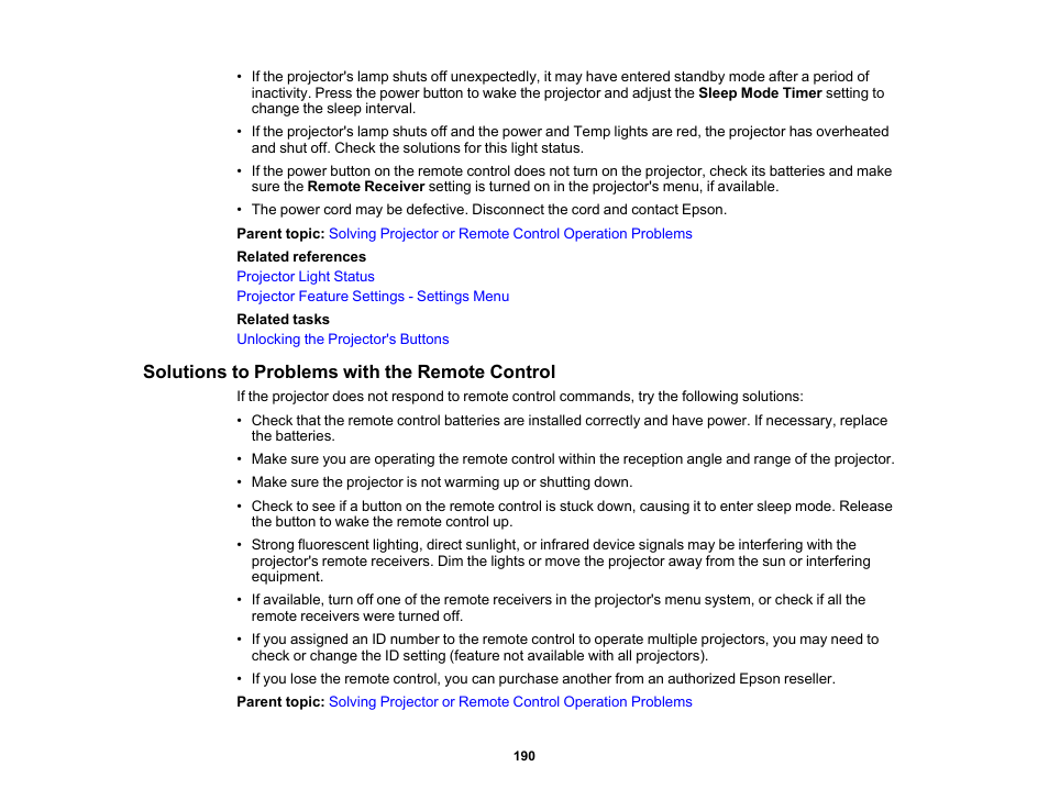 Solutions to problems with the remote control | Epson PowerLite 685W 3500-Lumen WXGA Ultra-Short Throw 3LCD Projector User Manual | Page 190 / 263