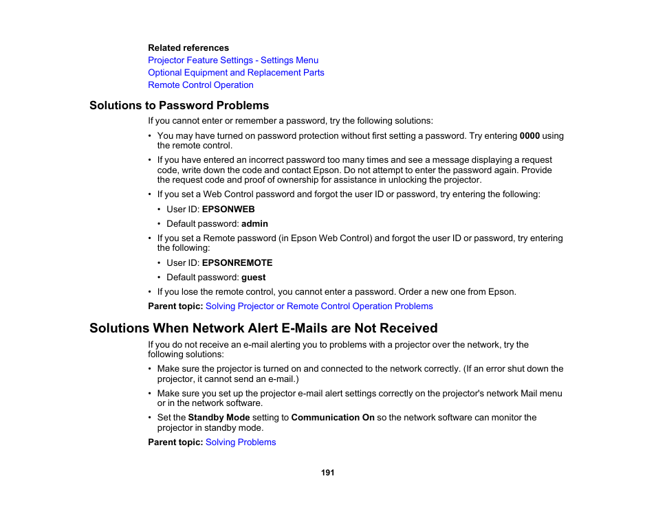 Solutions to password problems | Epson PowerLite 685W 3500-Lumen WXGA Ultra-Short Throw 3LCD Projector User Manual | Page 191 / 263