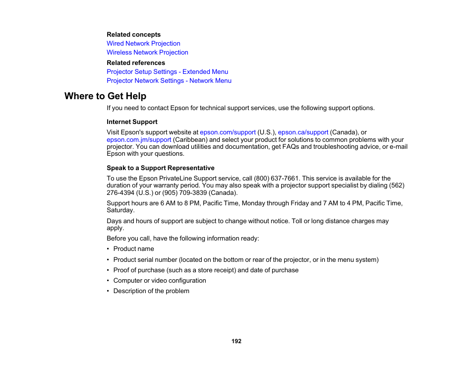 Where to get help | Epson PowerLite 685W 3500-Lumen WXGA Ultra-Short Throw 3LCD Projector User Manual | Page 192 / 263