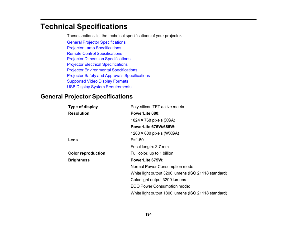 Technical specifications, General projector specifications | Epson PowerLite 685W 3500-Lumen WXGA Ultra-Short Throw 3LCD Projector User Manual | Page 194 / 263