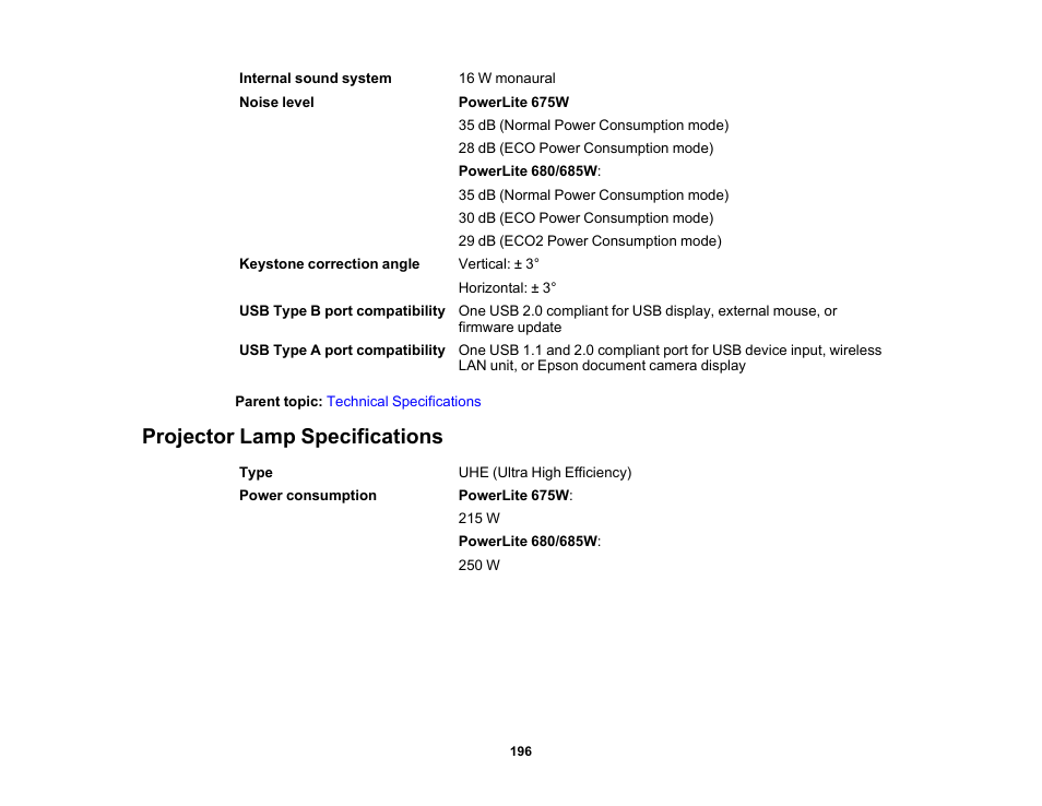 Projector lamp specifications | Epson PowerLite 685W 3500-Lumen WXGA Ultra-Short Throw 3LCD Projector User Manual | Page 196 / 263