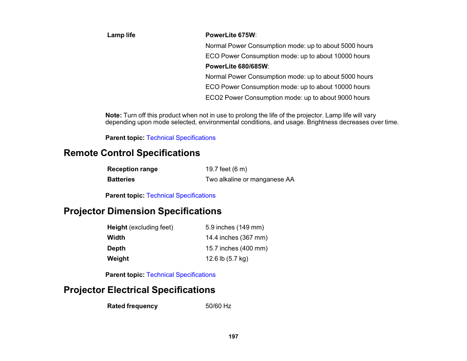 Remote control specifications, Projector dimension specifications, Projector electrical specifications | Epson PowerLite 685W 3500-Lumen WXGA Ultra-Short Throw 3LCD Projector User Manual | Page 197 / 263