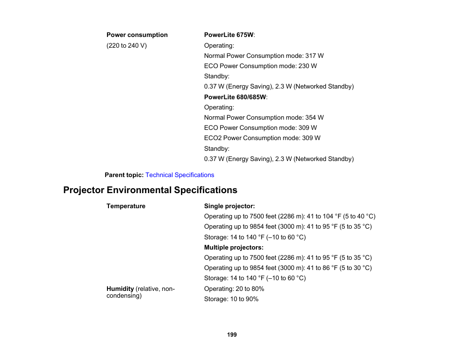 Projector environmental specifications | Epson PowerLite 685W 3500-Lumen WXGA Ultra-Short Throw 3LCD Projector User Manual | Page 199 / 263