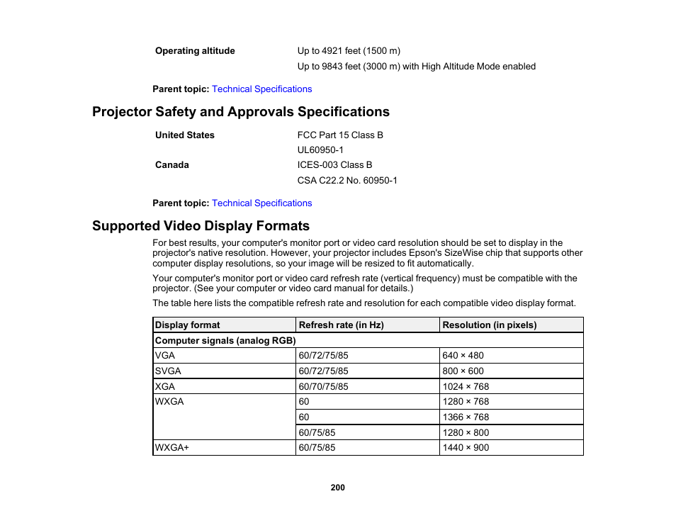 Projector safety and approvals specifications, Supported video display formats | Epson PowerLite 685W 3500-Lumen WXGA Ultra-Short Throw 3LCD Projector User Manual | Page 200 / 263