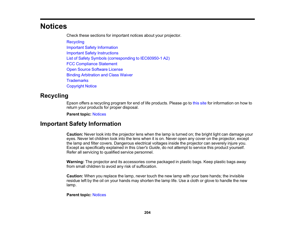 Notices, Recycling, Important safety information | Recycling important safety information | Epson PowerLite 685W 3500-Lumen WXGA Ultra-Short Throw 3LCD Projector User Manual | Page 204 / 263