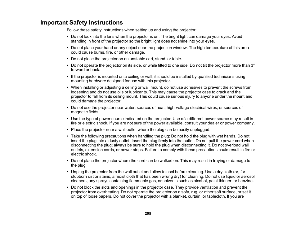 Important safety instructions | Epson PowerLite 685W 3500-Lumen WXGA Ultra-Short Throw 3LCD Projector User Manual | Page 205 / 263