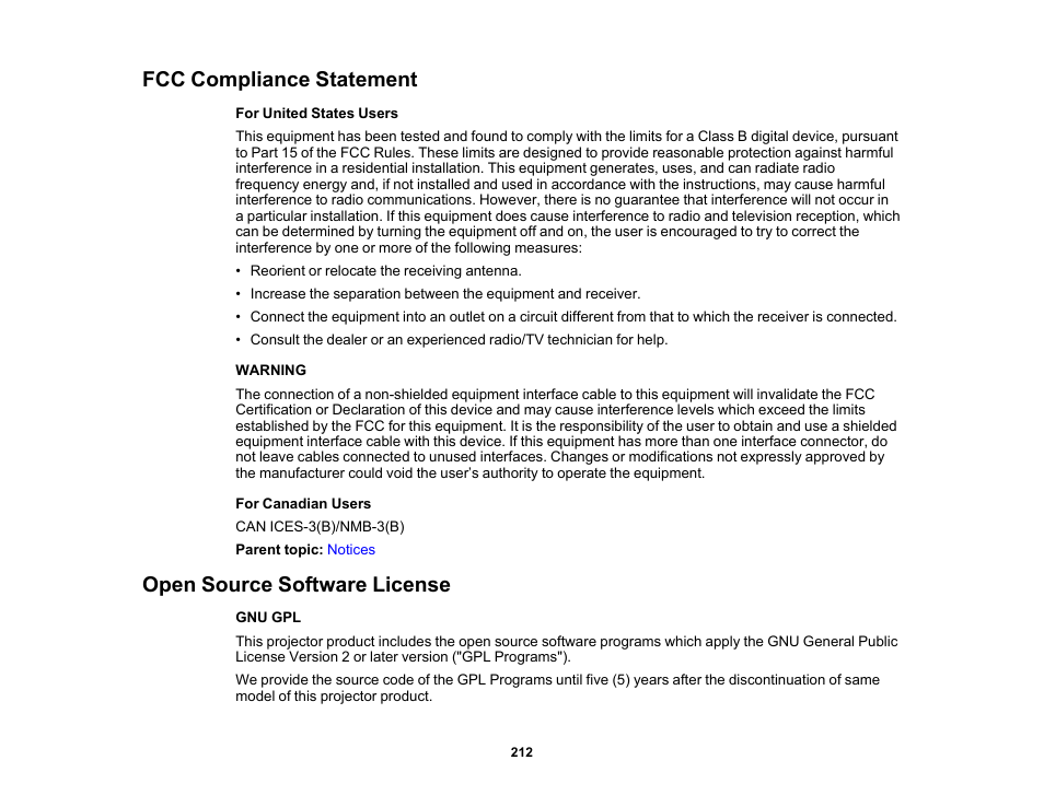 Fcc compliance statement, Open source software license | Epson PowerLite 685W 3500-Lumen WXGA Ultra-Short Throw 3LCD Projector User Manual | Page 212 / 263