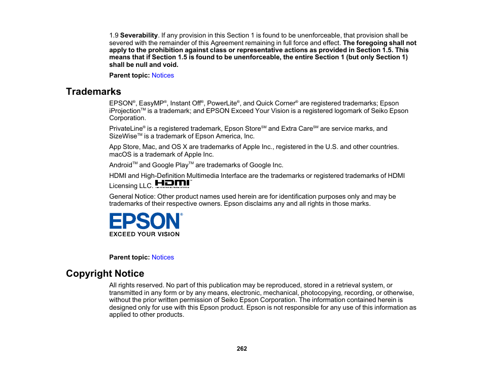 Trademarks, Copyright notice, Trademarks copyright notice | Epson PowerLite 685W 3500-Lumen WXGA Ultra-Short Throw 3LCD Projector User Manual | Page 262 / 263