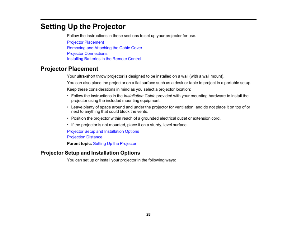 Setting up the projector, Projector placement, Projector setup and installation options | Epson PowerLite 685W 3500-Lumen WXGA Ultra-Short Throw 3LCD Projector User Manual | Page 28 / 263