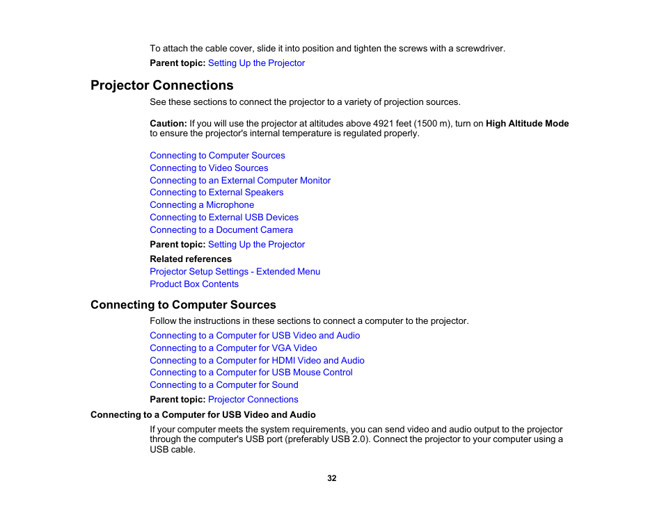 Projector connections, Connecting to computer sources, Connecting to a computer for usb video and audio | Epson PowerLite 685W 3500-Lumen WXGA Ultra-Short Throw 3LCD Projector User Manual | Page 32 / 263