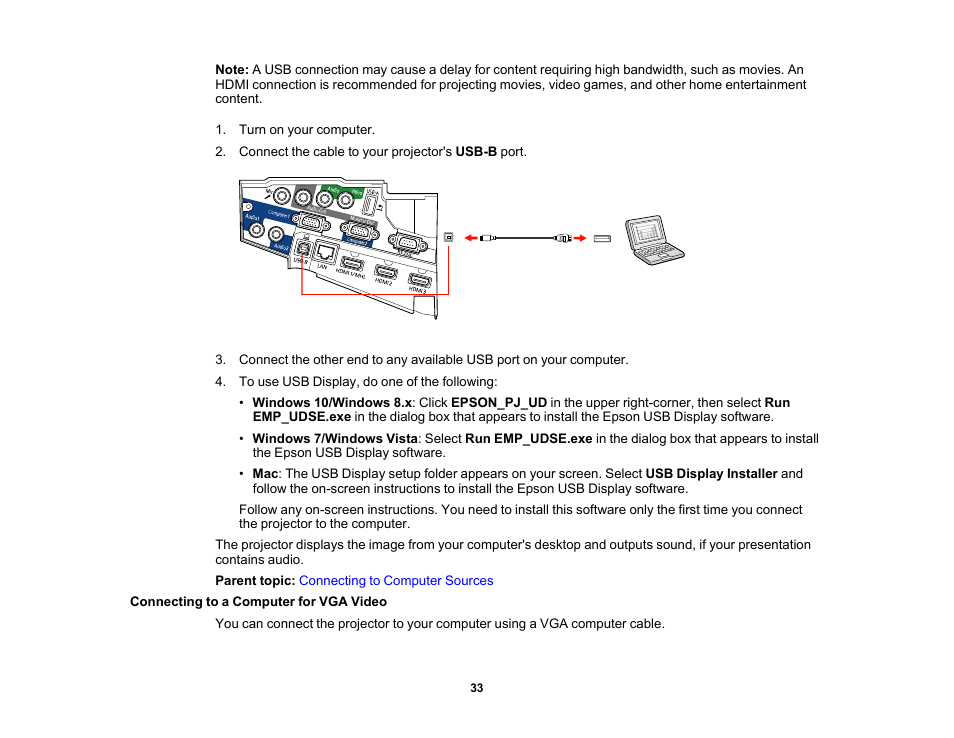 Connecting to a computer for vga video | Epson PowerLite 685W 3500-Lumen WXGA Ultra-Short Throw 3LCD Projector User Manual | Page 33 / 263