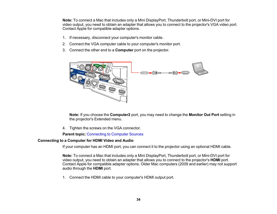 Connecting to a computer for hdmi video and audio | Epson PowerLite 685W 3500-Lumen WXGA Ultra-Short Throw 3LCD Projector User Manual | Page 34 / 263