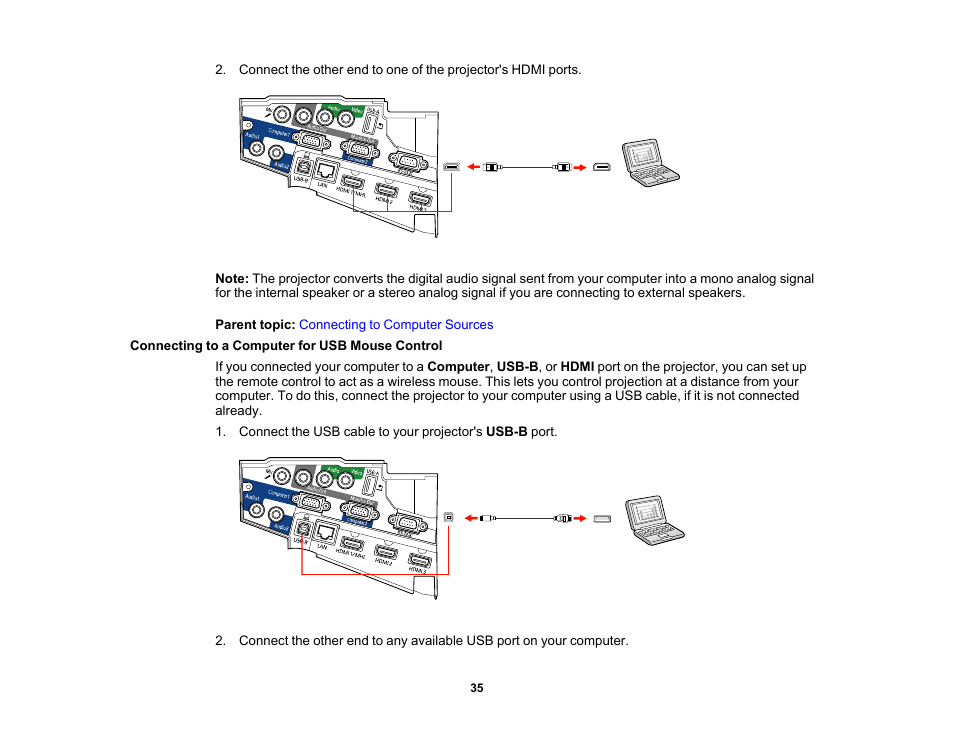 Connecting to a computer for usb mouse control | Epson PowerLite 685W 3500-Lumen WXGA Ultra-Short Throw 3LCD Projector User Manual | Page 35 / 263