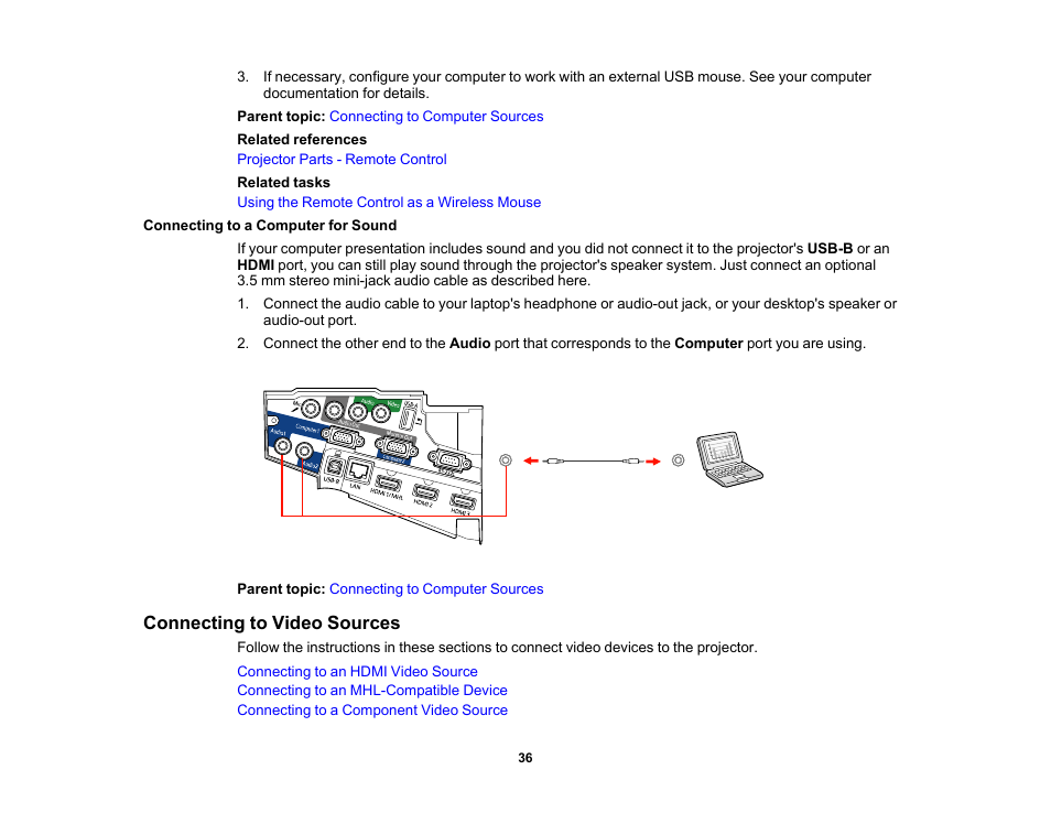 Connecting to a computer for sound, Connecting to video sources | Epson PowerLite 685W 3500-Lumen WXGA Ultra-Short Throw 3LCD Projector User Manual | Page 36 / 263