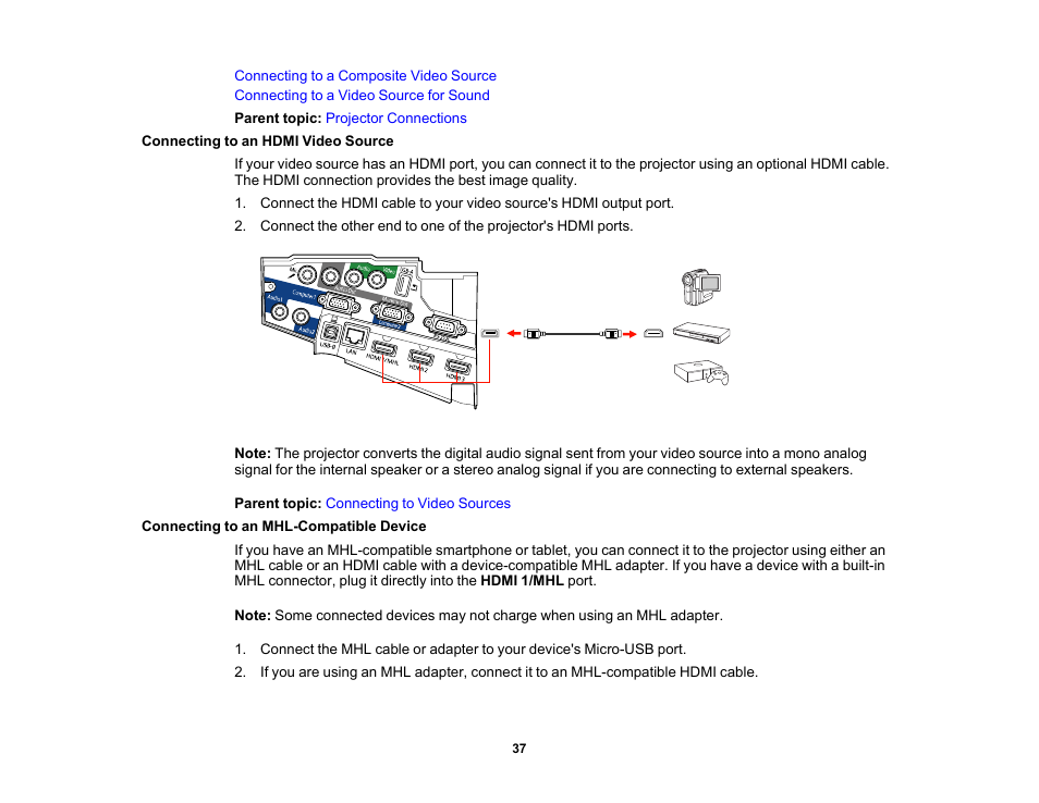 Connecting to an hdmi video source, Connecting to an mhl-compatible device | Epson PowerLite 685W 3500-Lumen WXGA Ultra-Short Throw 3LCD Projector User Manual | Page 37 / 263