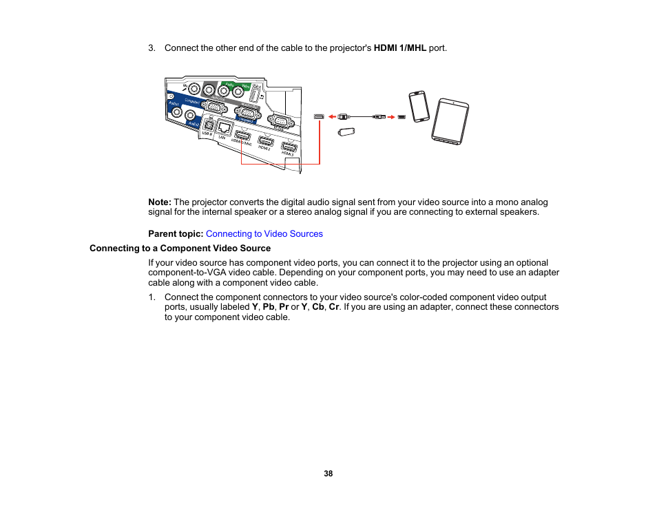 Connecting to a component video source | Epson PowerLite 685W 3500-Lumen WXGA Ultra-Short Throw 3LCD Projector User Manual | Page 38 / 263